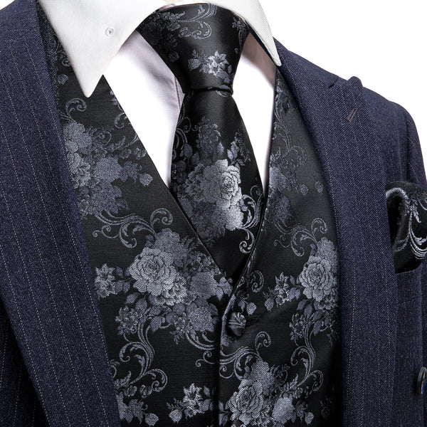 Black Grey Peony Floral Jacquard Silk Men's Vest Hanky Cufflinks Tie Set