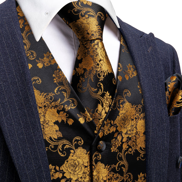 Black Golden Peony Floral Jacquard Silk Men's Vest Hanky Cufflinks Tie Set