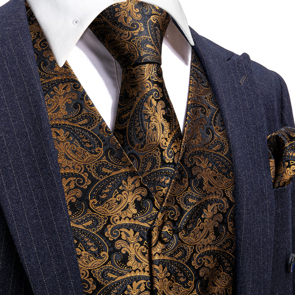 Black Brown Paisley Jacquard Silk Men's Vest Hanky Cufflinks Tie Set