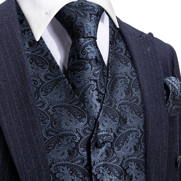 Dark Blue Paisley Jacquard Silk Men's Vest Hanky Cufflinks Tie Set