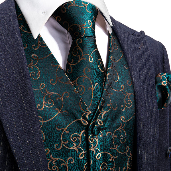 Dark Green Floral Jacquard Silk Men's Vest Hanky Cufflinks Tie Set