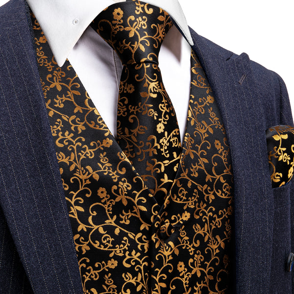 Black Golden Floral Jacquard Silk Men's Vest Hanky Cufflinks Tie Set