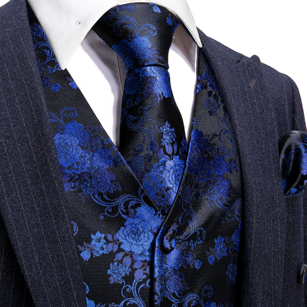Black Blue Peony Floral Jacquard Silk Men's Vest Hanky Cufflinks Tie Set