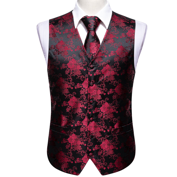 Black Red Peony Floral Jacquard Silk men formal vest