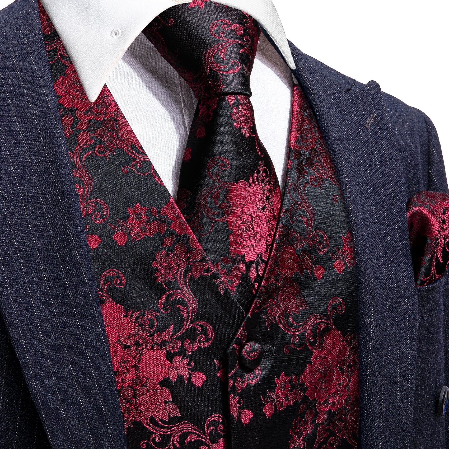 Black Red Peony Floral Jacquard Silk Men's Vest Hanky Cufflinks Tie Set, L