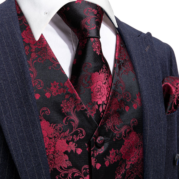 Black Red Peony Floral Jacquard Silk Men's Vest Hanky Cufflinks Tie Set