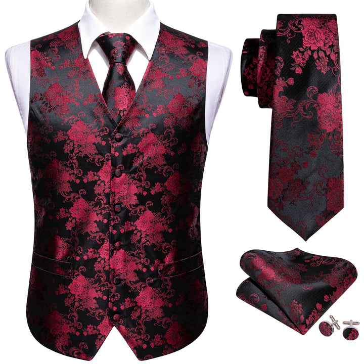Black Red Peony Floral Jacquard Silk dress vests for men