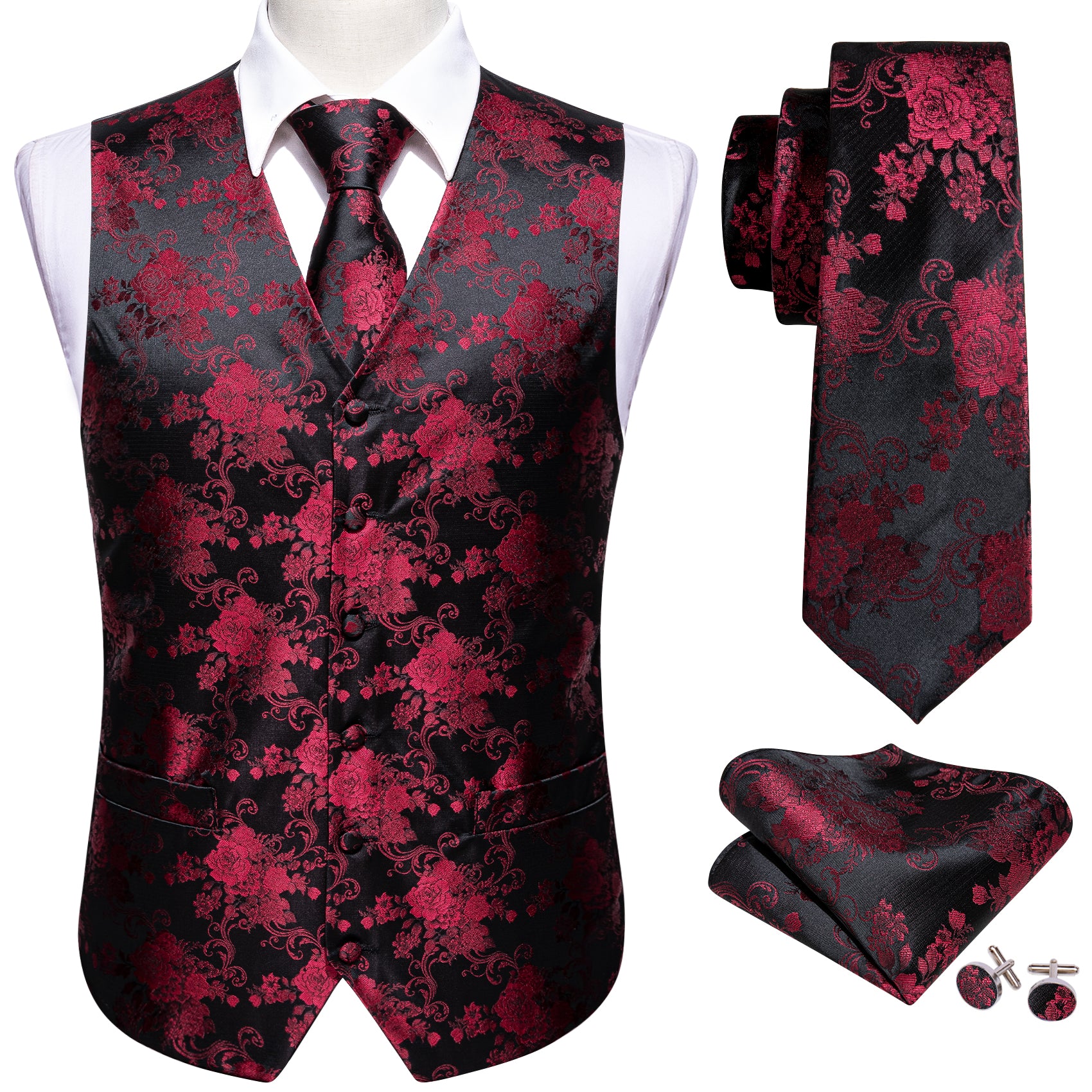 Ties2you Dress Vest Black Red Floral Silk Mens Vest Tie Set Wedding