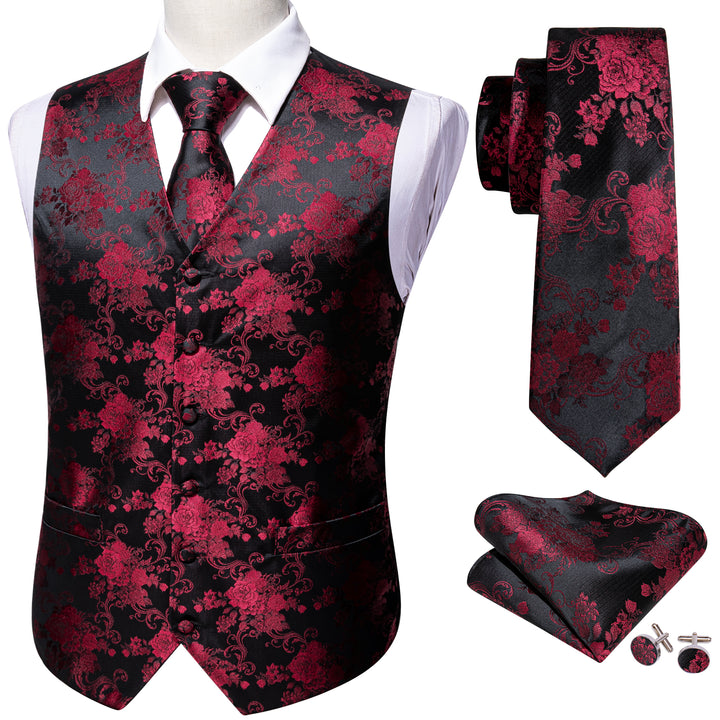 Black Red Peony Floral Jacquard Silk suit vests mens