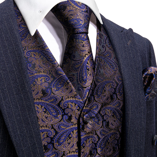 Blue Paisley Jacquard Silk Men's Vest Hanky Cufflinks Tie Set
