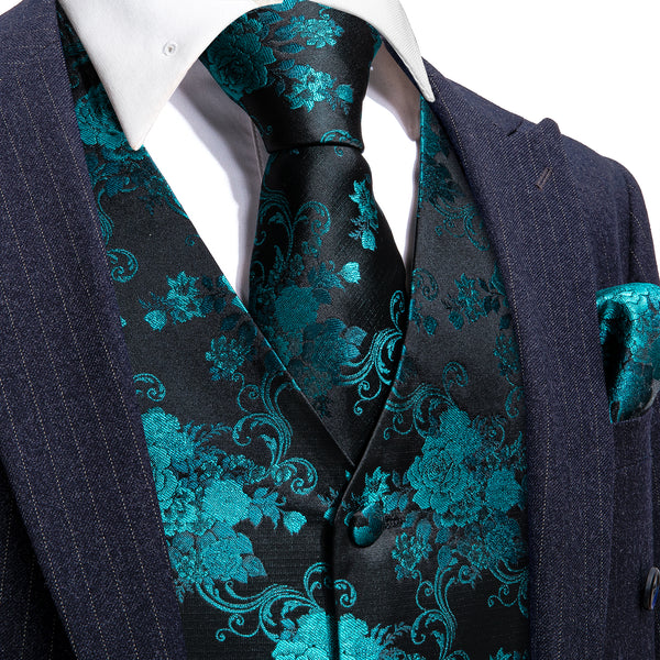 Black Lake Blue Peony Floral Jacquard Silk Men's Vest Hanky Cufflinks Tie Set