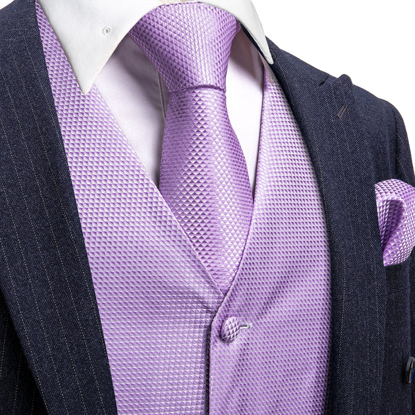 Light Purple Plaid Jacquard Silk Men's Vest Hanky Cufflinks Tie Set