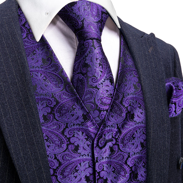 Dark Purple Paisley Jacquard Silk Men's Vest Hanky Cufflinks Tie Set