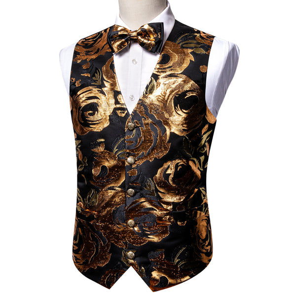 Luxury Black Golden Novelty Silk Men's Vest Bow Tie Set Waistcoat Suit Set