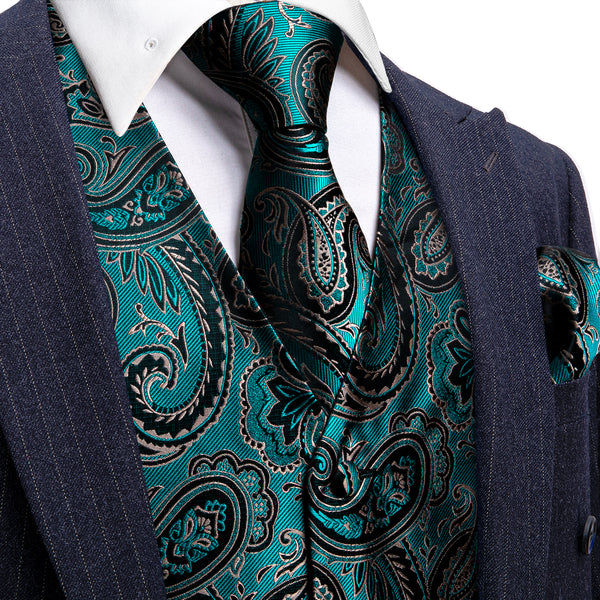 Green Black Paisley Jacquard Silk Men's Vest Hanky Cufflinks Tie Set