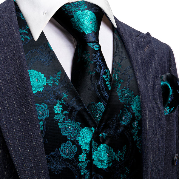 Black Blue Floral Jacquard Silk Men's Vest Hanky Cufflinks Tie Set