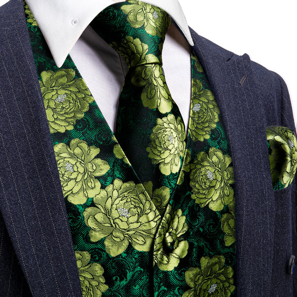 Dark Green Yellow Floral Jacquard Silk Men's Vest Hanky Cufflinks Tie Set
