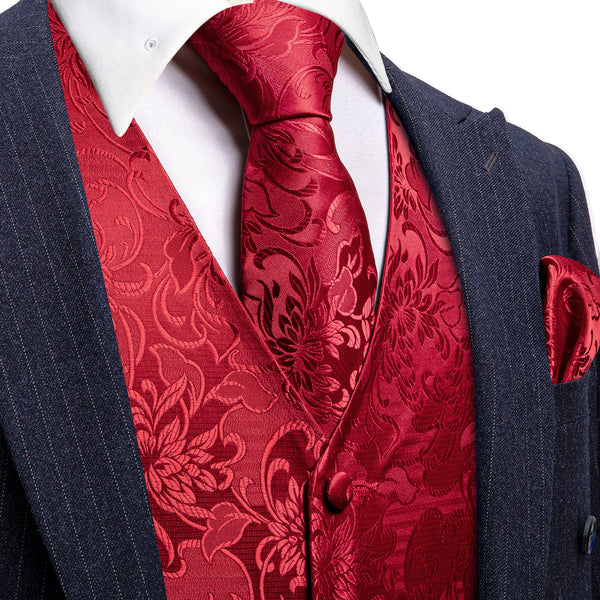 Class Red Floral Jacquard Silk Men's Vest Hanky Cufflinks Tie Set