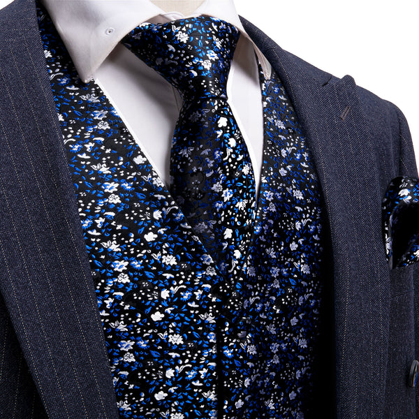 Dark Blue Floral Jacquard Silk Men's Vest Hanky Cufflinks Tie Set