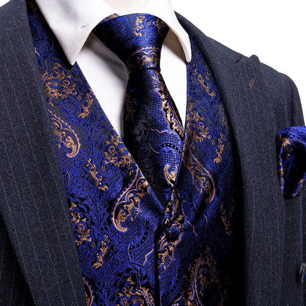 Royal Blue Brown Paisley Jacquard Silk Men's Vest Hanky Cufflinks Tie Set