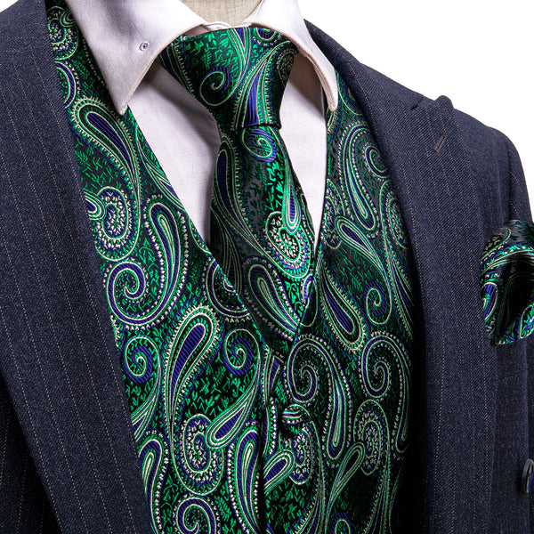 Luxury Green Paisley Jacquard Silk Men's Vest Hanky Cufflinks Tie Set
