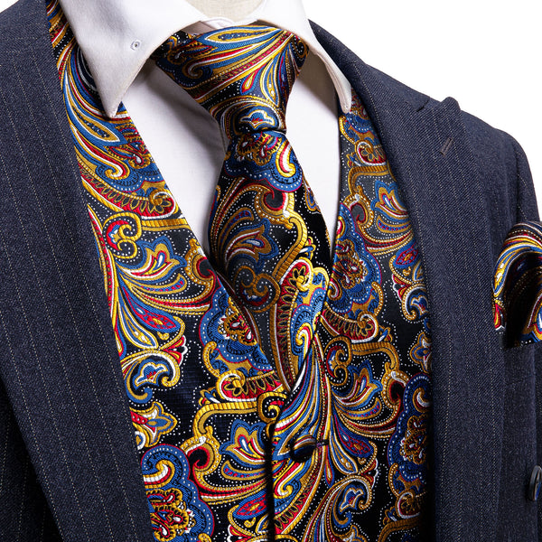 Luxury Golden Blue Paisley Jacquard Silk Men's Vest Hanky Cufflinks Tie Set