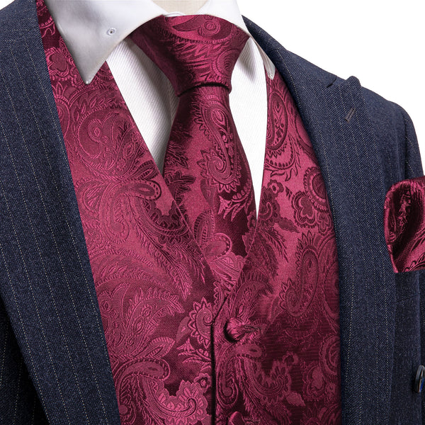 Burgundy Red Paisley Jacquard Silk Men's Vest Hanky Cufflinks Tie Set