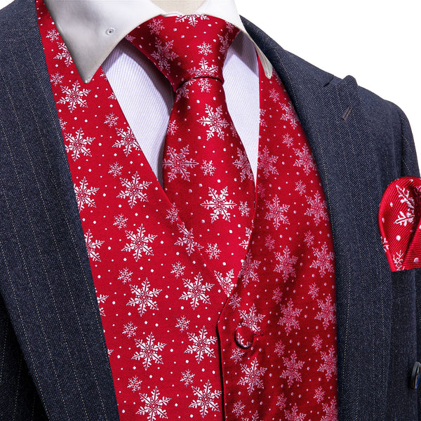 Christmas Red Snowflake Novelty Jacquard Silk Men's Vest Hanky Cufflinks Tie Set