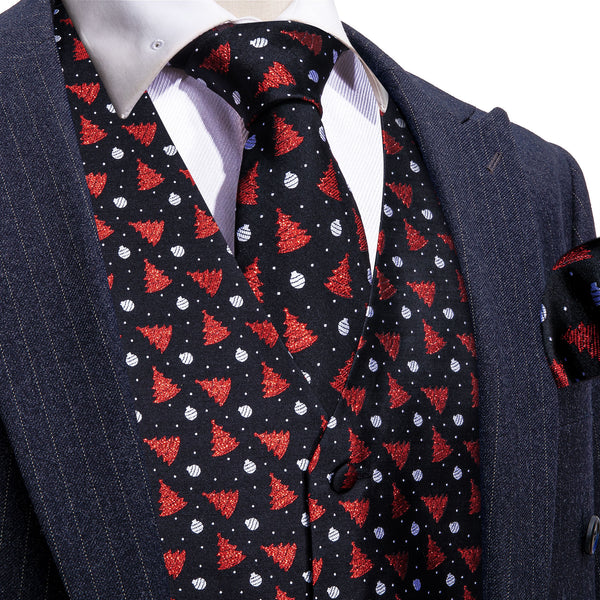 Ties2you Black Tie Waistcoat Christmas Red Xmas Tree Novelty Jacquard Silk Vest Hanky Cufflinks Tie Set for Men