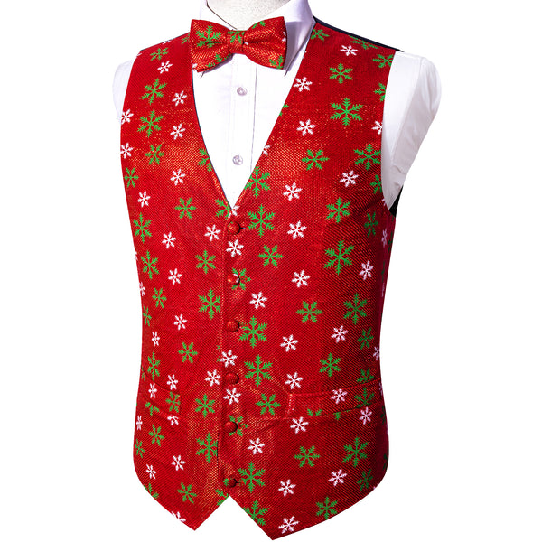 Christmas Red Green Snow Floral Jacquard Silk Men's Vest Bow Tie Set Waistcoat Suit Set