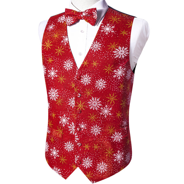 Christmas Red White Snow Floral Jacquard Silk Men's Vest Bow Tie Set Waistcoat Suit Set