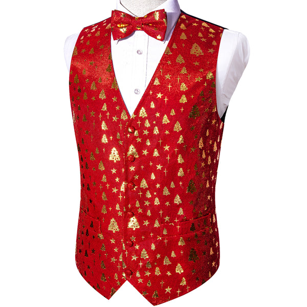Christmas Red Golden Xmas Tree Novelty Jacquard Silk Men's Vest Bow Tie Set Waistcoat Suit Set