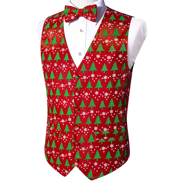 Christmas Red Green Xmas Tree Novelty Jacquard Silk Men's Vest Bow Tie Set Waistcoat Suit Set