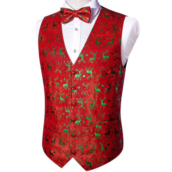 Christmas Red Green Elk Novelty Jacquard Silk Men's Vest Bow Tie Waistcoat Suit Set