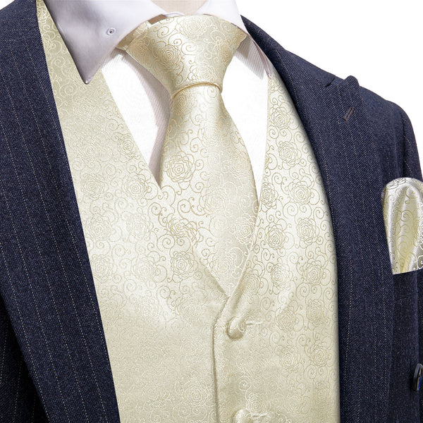 Beige White Floral Jacquard Silk Men's Vest Hanky Cufflinks Tie Set