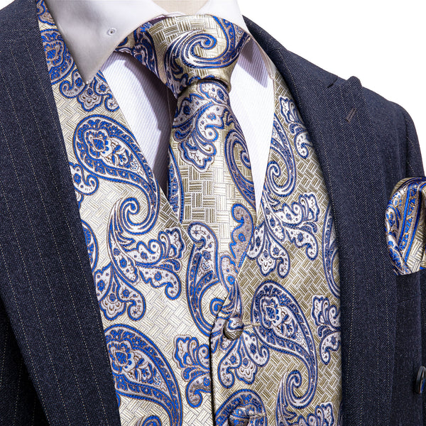 Champagne Light Blue Paisley Jacquard Silk Men's Vest Hanky Cufflinks Tie Set