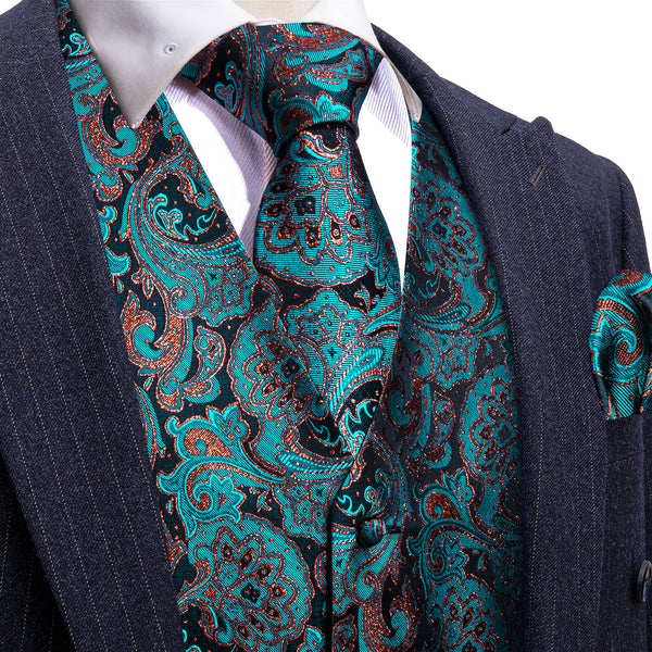 Lake Blue Brown Paisley Jacquard Silk Men's Vest Hanky Cufflinks Tie Set