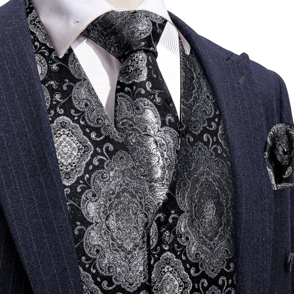 Black Grey Novelty Jacquard Silk Men's Vest Hanky Cufflinks Tie Set