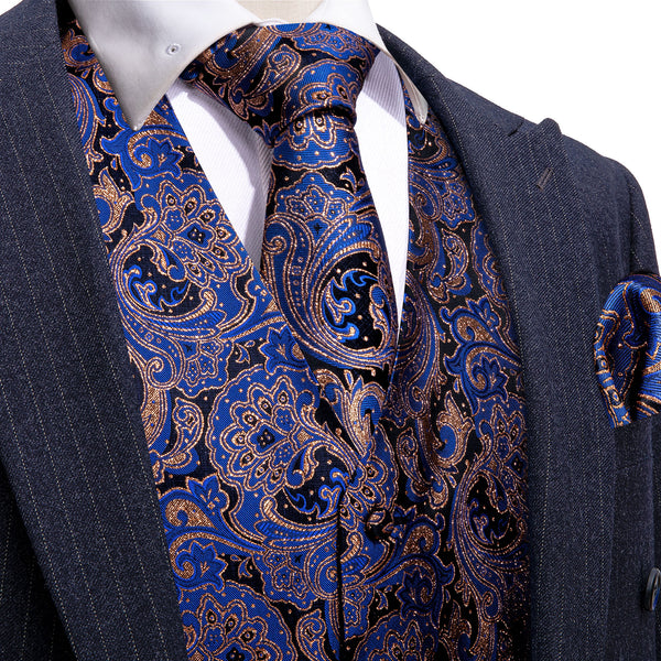 Blue Brown Paisley Jacquard Silk Men's Vest Hanky Cufflinks Tie Set
