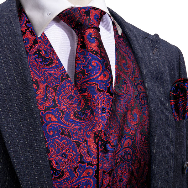 Blue Red Paisley Jacquard Silk Men's Vest Hanky Cufflinks Tie Set