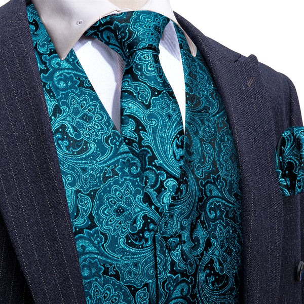 Blue Paisley Jacquard Silk Men's Vest Hanky Cufflinks Tie Set