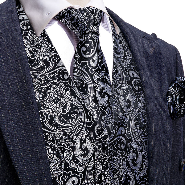 New Black Grey Paisley Jacquard Silk Men's Vest Hanky Cufflinks Tie Set