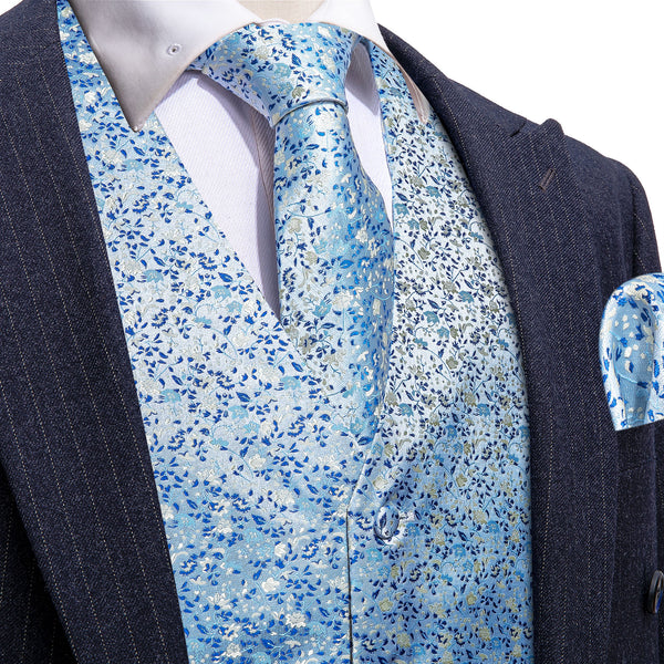Baby Blue Floral Jacquard Silk Men's Vest Hanky Cufflinks Tie Set