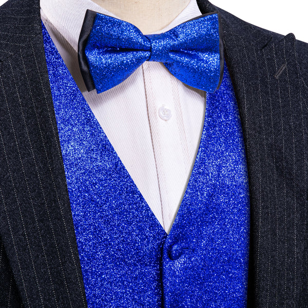Shining Blue Glitter Solid Jacquard Silk Men's Vest Bow Tie Set Waistcoat Suit Set