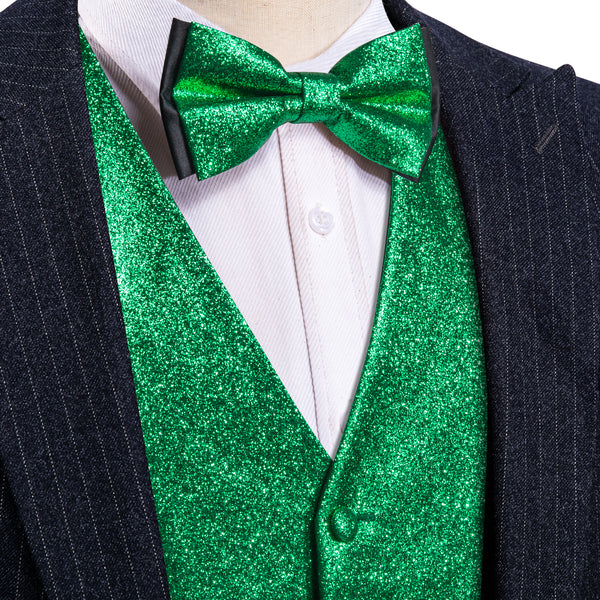 Shining Green Glitter Solid Jacquard Silk Men's Vest Bow Tie Set Waistcoat Suit Set
