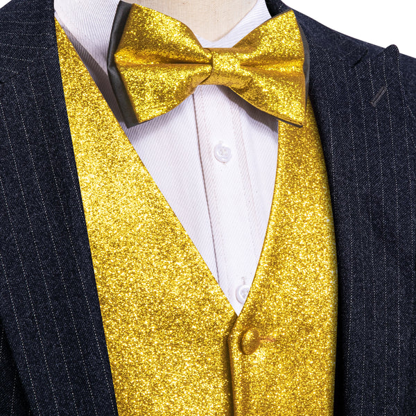 Shining Golden Glitter Solid Jacquard Silk Men's Vest Bow Tie Set Waistcoat Suit Set