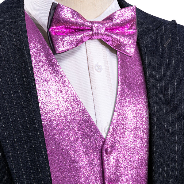 Shining Light Purple Glitter Solid Jacquard Silk Men's Vest Bow Tie Set Waistcoat Suit Set