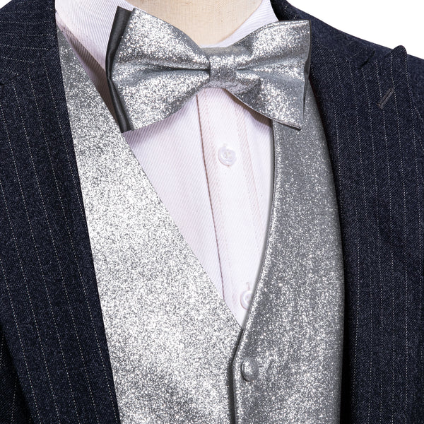 Shining Light Grey Glitter Solid Jacquard Silk Men's Vest Bow Tie Handkerchief Cufflinks Set Waistcoat Suit Set