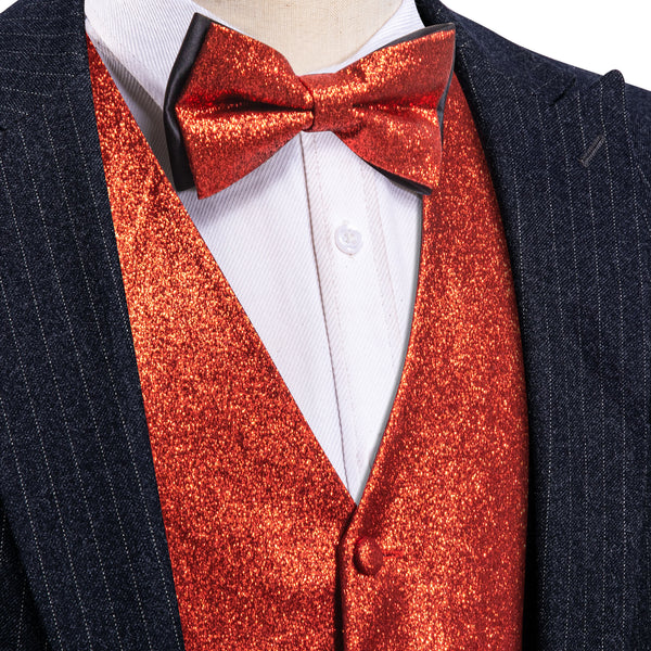 Shining Red Glitter Solid Jacquard Silk Men's Vest Bow Tie Set Waistcoat Suit Set