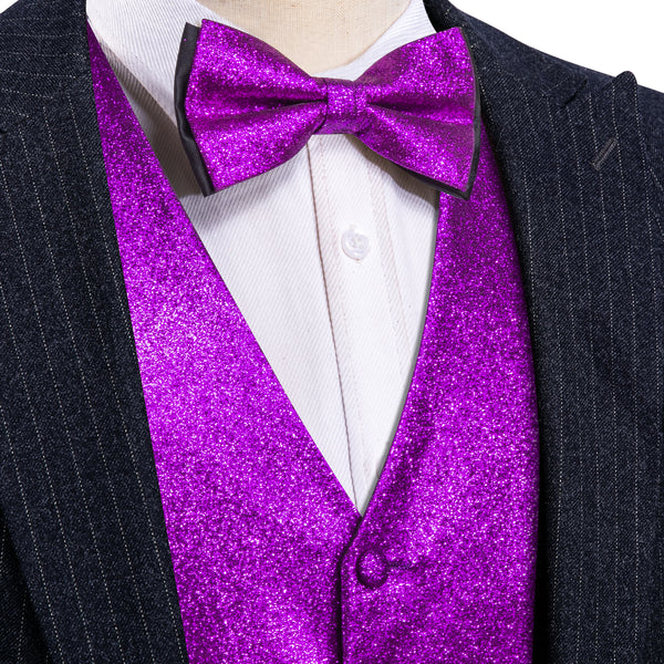 Shining Purple Glitter Solid Jacquard Silk Men's Vest Bow Tie Set Waistcoat Suit Set